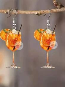 1 Pair Acrylic 2D Dimensional Cocktail Glass Earrings, Women Juice Drink Pendant Earrings, Suitable For Daily Wear - Orange Wine Glass - View 1