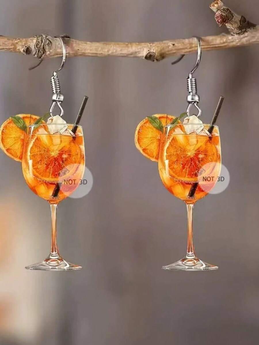 1 Pair Acrylic 2D Dimensional Cocktail Glass Earrings, Women Juice Drink Pendant Earrings, Suitable For Daily Wear - Orange Wine Glass - View 1
