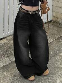 复古高街水洗黑色牛仔裤，女士时尚设计直筒宽松休闲阔腿裤，春夏款 - 黑色 - 查看 5