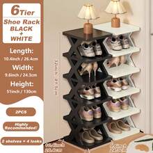 9/6 Tier Vertical Shoe Stand Space Saving Narrow Shoe Rack, Small Shoe Shelf, DIY Free Standing Shoes Storage Organizer For Entryway, Closet, Hallway, Easy Assembly And Stable In Structure, Black & White, Plastic Material, Consumables - 黑色+白色 - 查看 3