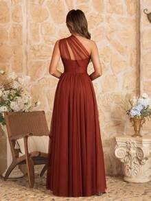 MOEVIO 女式不对称单肩交叉领口薄纱露背 A 字正式长款伴娘婚礼宾客活动礼服，适合夏季情人节生日礼服、秋季女士连衣裙、返校节生日女士服装 - 玫紅色 - 查看 2