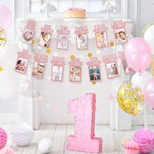 一套 - 宝宝一周岁生日照片横幅，适合新生儿至12个月，每月里程碑照片花环，一周岁生日庆祝装饰，男孩女孩相框，婴儿派对 - 彩色 - 查看 1