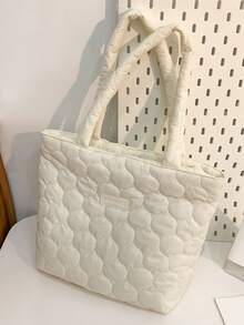 1 件女士加厚绗缝单肩托特包，秋冬新款泡泡包，适合女性日常使用，办公室通勤，学校，大学生，可爱清新，轻便可折叠布包 - 米色 - 查看 8