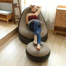 Inflatable Lounge Chair For Adults With Inflatable Pump, Folding Portable Lazy Sofa With Foot Stool Lazy Flocking Recliner Chair Air Couch Sofa For Indoor Livingroom Gaming Bedroom Office Balcony, Outdoor Travel Camping-Red - 紅色 - 查看 3