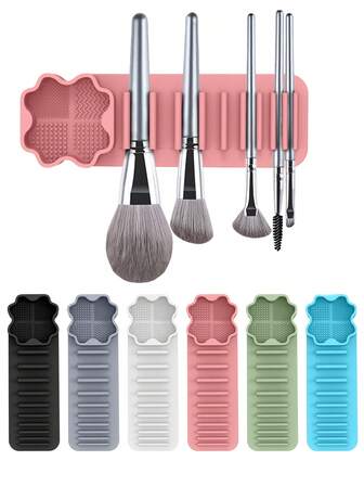 1pc 2-In-1 Makeup Brush Cleaning & Storage Rack, Self-Adhesive Silicone Makeup Brush Cleaning Mat, Makeup Brush Cleaning Bowl, Brush Drying Rack, Makeup Brush Display Stand, For Makeup Artists, Nail Artists, Painting Brushes, Women Makeup Essentials, Women Birthday/Halloween/Christmas Gift