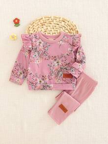 女婴花卉印花长袖圆领卫衣和粉色直筒裤两件套，秋冬 - 粉色 - 查看 1