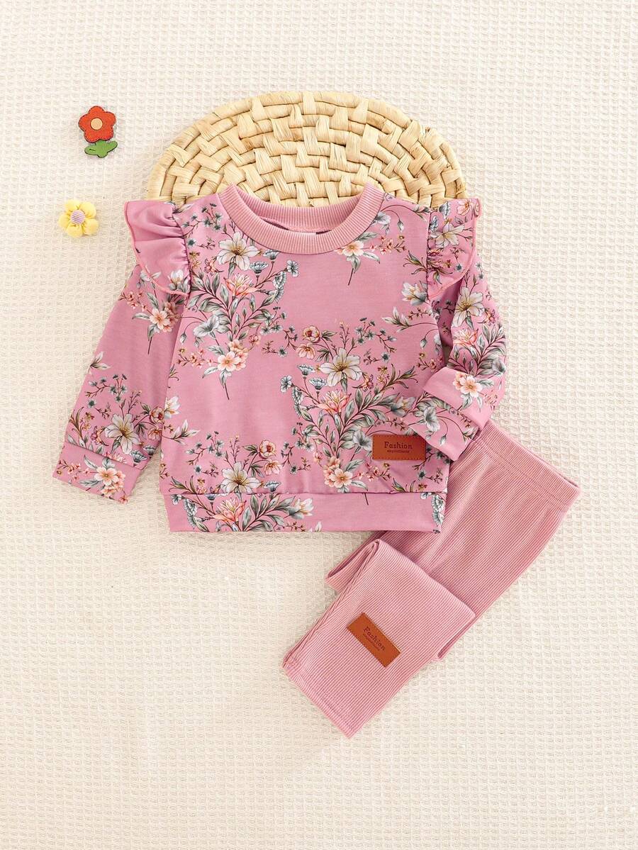 女婴花卉印花长袖圆领卫衣和粉色直筒裤两件套，秋冬 - 粉色 - 查看 1