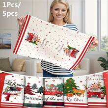 [1pc Or 5pcs Soft Microfiber Towel Set] Soft Microfiber Christmas Towel 1/5pcs Set - Holiday Cartoon Pattern With Snowflakes And Trees, Highly Absorbent, Modern Style, Knitted Fabric, 240gsm, Geometric Design, Polyester, Rectangular, Dish Towel