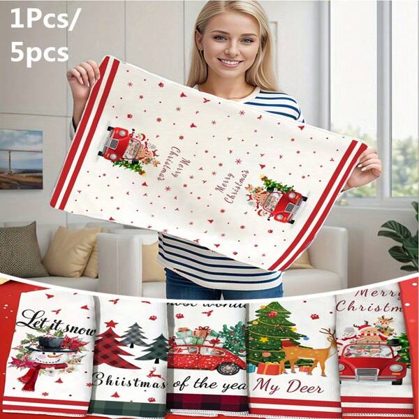 [1 pezzo o set da 5 pezzi di asciugamani in microfibra morbida] Set da 1/5 pezzi di asciugamani natalizi in microfibra morbida - motivo natalizio con fiocchi di neve e alberi, altamente assorbente, stile moderno, tessuto a maglia, 240 g/m², design geometrico, poliestere, rettangolare, strofinaccio