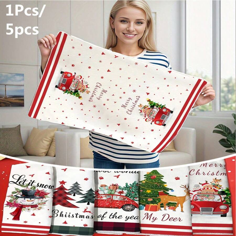 [1pc Or 5pcs Soft Microfiber Towel Set] Soft Microfiber Christmas Towel 1/5pcs Set - Holiday Cartoon Pattern With Snowflakes And Trees, Highly Absorbent, Modern Style, Knitted Fabric, 240gsm, Geometric Design, Polyester, Rectangular, Dish Towel
