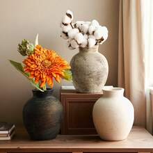 1个复古花瓶，乡村复古圆形手工陶瓷装饰花瓶，适合情人节、感恩节、家庭聚会、客厅、办公室、玄关装饰。 - 棕色 - 查看 2