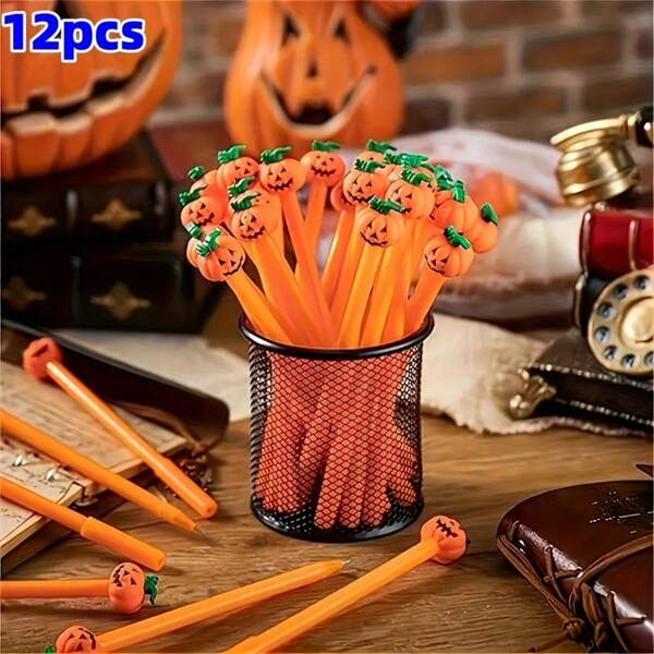 6pcs/12pcs Creative Halloween Funny Expressions Pumpkin Head Neutral Pen, Pumpkin Head Image, 0.5mm Black Pen Core, Smooth Writing, Suitable As Halloween Gift Gift, Office, School And Learning Supplies