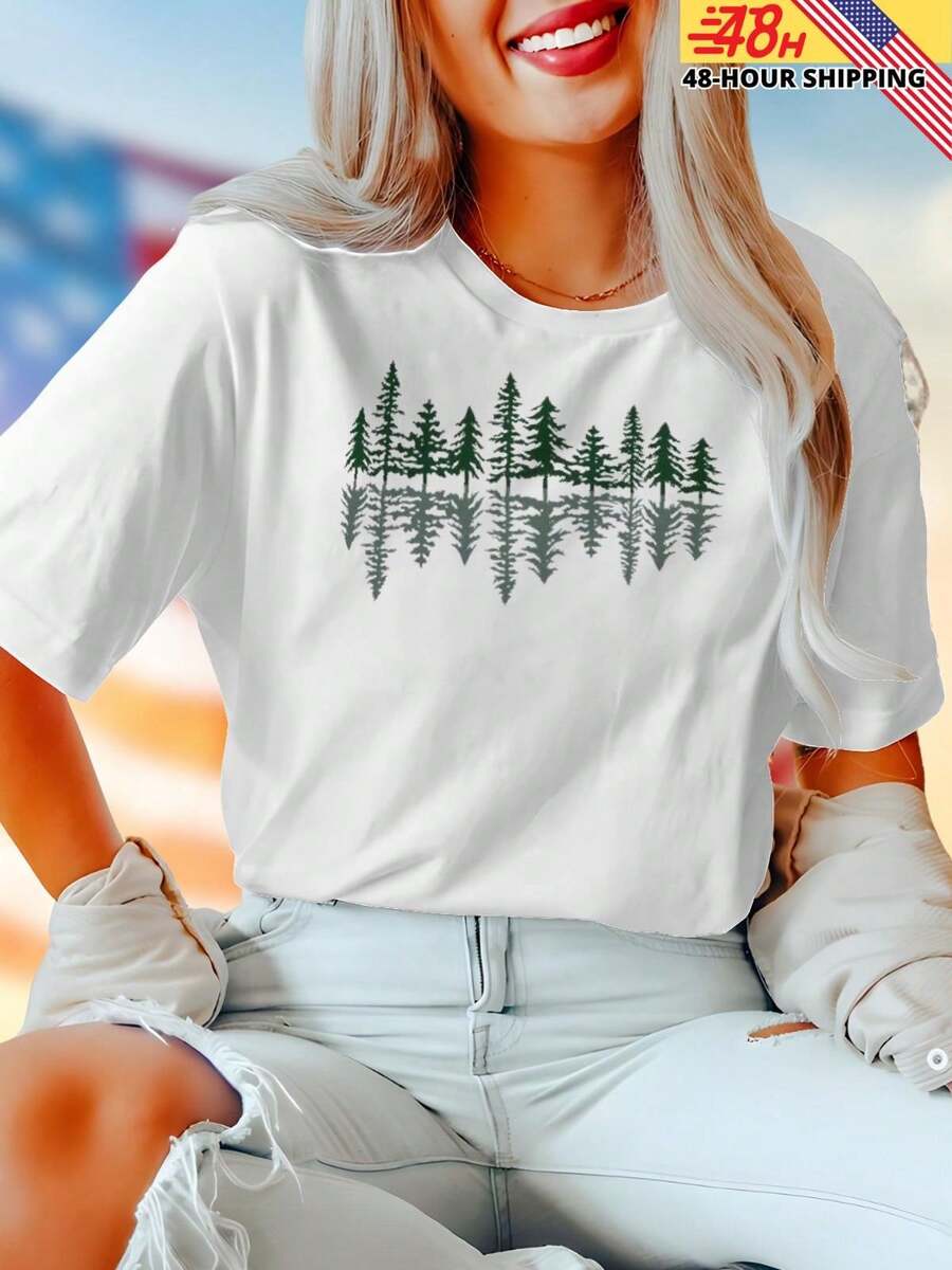 Pine Trees Reflection Forest Silhouette Womens T Shirt Nature Graphic Tee Soft Comfortable Casual Top Trending Gift Summer Fashion - trắng - Xem 1