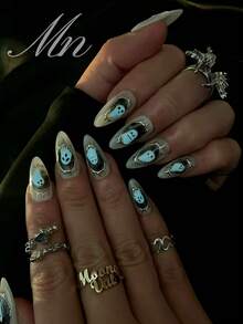 Halloween Glow-In-The-Dark Nail Art Set, Includes 10pcs Acrylic Nail Stickers, Medium Almond-Shaped Nails, Cute Ghost Black Nails, Handmade Gothic Nails, Full Cover False Nails, Gold Line Full Cover Acrylic Nail Sticker Set, Ideal For Halloween Party, Comes With Gel Stickers And Nail File. - Black and White - View 4