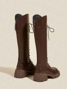 2024新款夏/初秋/秋/冬女靴，中筒/及膝骑马靴，厚底宽口长靴，派对靴 - 棕色 - 查看 4