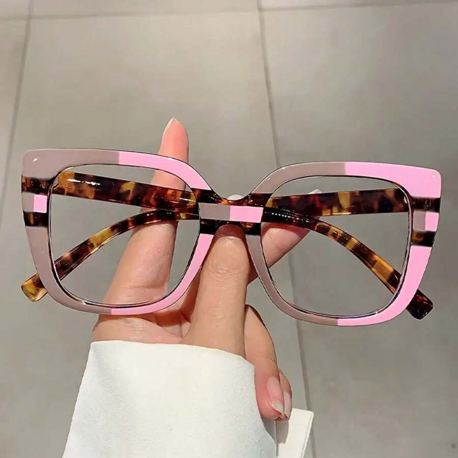 New Women Square Contrast Color Glass Large Frame Fashion Leopard Design Decorative Glasses