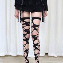 Gothic Punk Ripped Asymmetrical Sexy Fishnet Tights, Lolita Spider Web Thigh High Socks For Women Christmas Gift