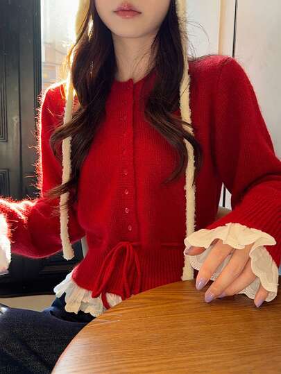 Vintage Sweet & Gentle Christmas Drawstring Crew Neck Knit Cardigan