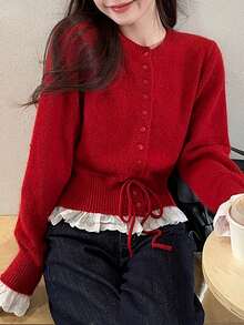 Vintage Sweet & Gentle Christmas Drawstring Crew Neck Knit Cardigan - Red - View 5