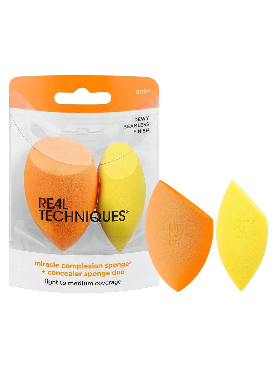 Real Techniques Miracle Complexion Sponge + Concealer Sponge Duo, Makeup Blending Sponges For Foundation & Concealer, Offers Light To Medium Coverage, Natural, Dewy Makeup, Latex-Free Foam 2 Count - Orange - View 1