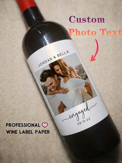 Personalized Photo & Text Wine Bottle Label Stickers - Customizable Wedding, Engagement, 21st Birthday Party Decorations - High-Quality Paper Stickers For Best Friend Gifts, Bridal & Groom Supplies, Wedding Stickers, Romantic Design, Durable Adhesive