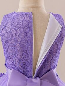 Girls' Multilayer Tulle Princess Dress, Handmade 3D Floral Lace Patchwork Puff Skirt, Sweet Knee-Length Sleeveless Dress, Girls' Simple Dance Recital Dress, Special Occasion Elegant Mesh Dress - Lilac Purple - View 5