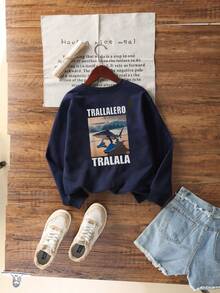 青少年男孩休闲图案印花圆领长袖运动衫，秋冬