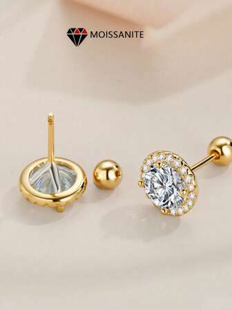 1 Pair 925 Sterling Silver Moissanite 0.5-1 Carat Screw Back Stud Earrings, Y2K Style Suitable For Women, Daily Wear, Vacation, Commute, Date, Party, Wedding, Great Gift For Bestie, Wife, Girlfriend, Birthday