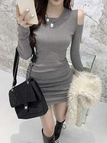 Solid Color Casual Ribbed Ruffle Hem Daily Wear Long Sleeve Mini Dress For Women, Spring/Autumn