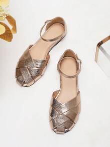 Women's Flat Sandals Hollow Woven Ankle Strap Roman Shoes, Spring/Autumn, Criss-Cross Design, Pig Pen Flat Sandals, Champagne Color Closed Toe, Comfortable Casual Non-Slip Shoes, Champagne Color Leather Versatile Flat Sandals