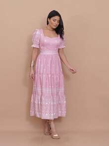 Helena Crepe Printed Midi Dress With Short Sleeves - Baby Pink - View 3