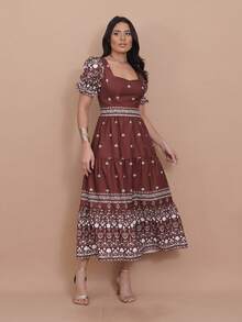 Helena Crepe Printed Midi Dress With Short Sleeves - Mocha Brown - View 5
