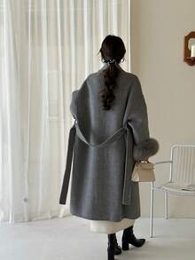 女士经典披肩领系腰长款双面羊毛大衣，秋冬季休闲加长外套 - 灰色 - 查看 3