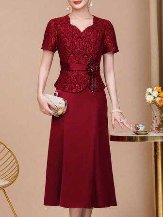 Elegant Luxurious Wine Red Lace Sparkling Rhinestone Flared Dress, Heavily Embellished Shiny Rhinestone Evening Gown, 3D Floral Details, Suitable For All Seasons, Appropriate For Weddings, Events, Parties, Vacations, Balls, Galas, Ceremonies, Holidays, Mother Of The Bride Dress