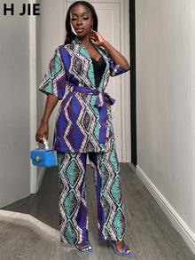 女士两件套，短袖夹克 + 长裤，蓝色花卉印花，波西米亚度假风格 - 藍色 - 查看 3