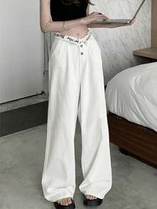 女式白色阔腿牛仔裤，宽松修身，休闲直筒及踝长裤，春季