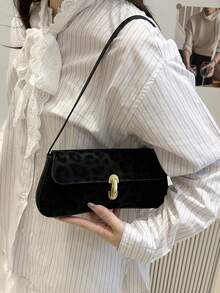 Women's Vintage Faux Oiled Leather Flap Decor Shoulder Underarm Bag Suitable For Dating Outing Party Leopard Print Cheetah Print , Vintage Bag , Leopard Cheetah Print - Black - View 3