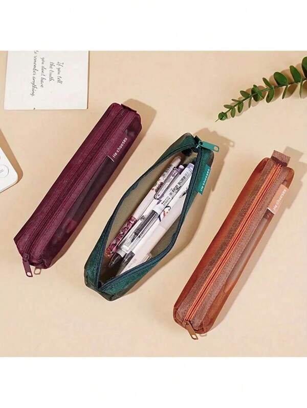 1pc Vintage-Inspired Mesh Pencil Case - Transparent, Portable & Durable Stationery Organizer For Students