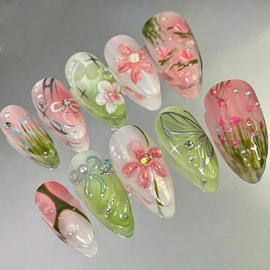 Colorful Flower Press On Nails Medium Almond Fake Nails  Nails Wit 3D S Design S Pink Green Glue On Nails C Floral Leaf Andmade Acrylic Nails  Wen Girls 30Pcs - 彩色 - 查看 1