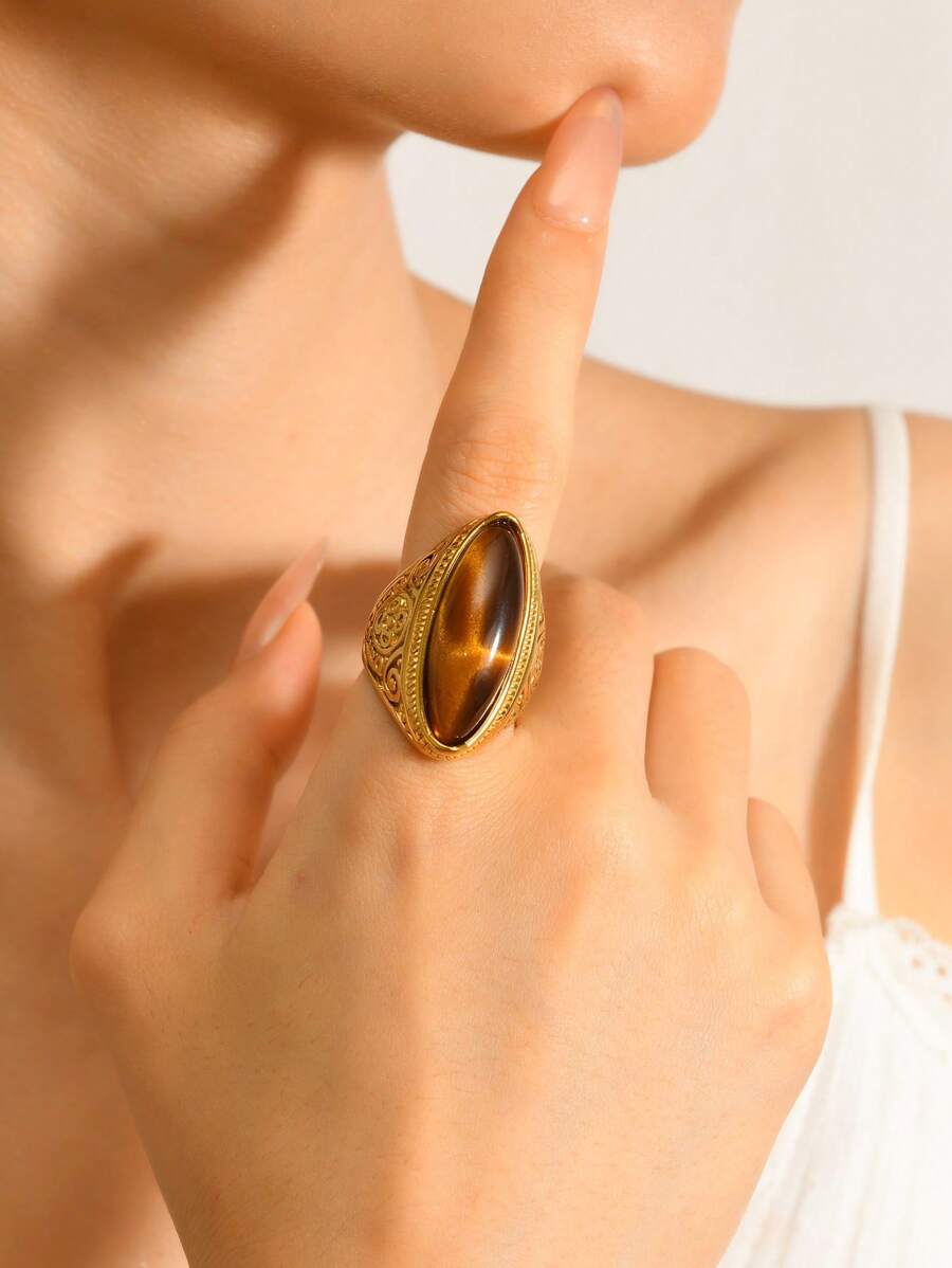 1pc Vintage Stainless Steel Personalized Retro Texture Tiger Eye Stone Signet Ring, Suitable For Men And Women, Daily, Festival, Engagement, Date, Wedding, Vacation Matching - Gold - View 1
