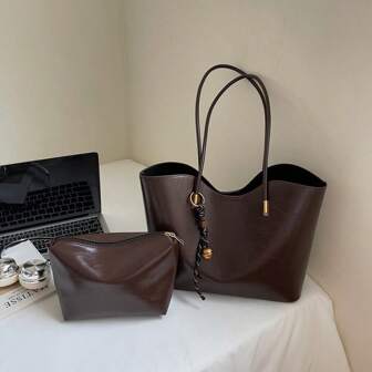 2pcs Casual Tote Bag Set, Minimalist One Shoulder Handbag For Office, Travel, Shopping (No Pendant)