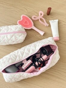Bow Pattern Pink And Cute Quilted Makeup Bag,Hair Tool Pouch Organizer Bag,Large Capacity Travel Floral Cosmetic Bag Cute Pouch, Makeup Brushes Storage Bag For Women Autumn University Essentials Travel Essentials Holiday Vacation Travel Bag For Women Makeup Organizer Make Up Bag - Pink - View 9