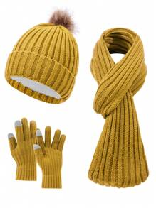 Set de 3 piezas de mujer con gorro de punto de rayas verticales de unicolor, bufanda y guantes, cálido y acogedor para uso casual al aire libre en otoño/invierno, accesorios de invierno, atuendos de invierno