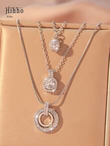 Hihho 3 款时尚优雅项链，锆石镶嵌双环圆球设计，个性化创意女士项链套装，奢华珠宝礼物 - 銀色 - 查看 3