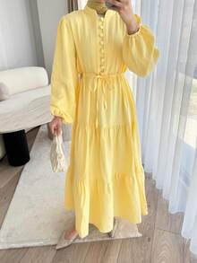 Women's Elegant Solid Color Button Waist Tie Knot Casual, Birthday Party, Formal Evening, Date Lantern Sleeve Hem Patchwork Dress, Autumn/Winter - Yellow - View 4