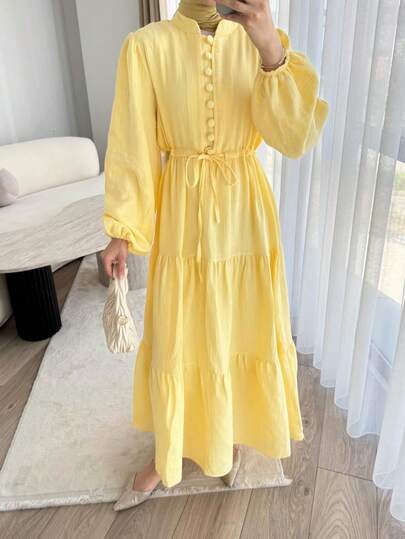 Women's Elegant Solid Color Button Waist Tie Knot Casual, Birthday Party, Formal Evening, Date Lantern Sleeve Hem Patchwork Dress, Autumn/Winter Spring