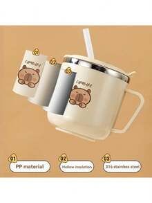 1pc 270ml Mini Double-Wall Thermal Insulated Mug, Children's Water Cup With Cute Cartoon Bear Pattern, 316 Stainless Steel Kids Straw Cup With Straw & Handle, Portable Anti Scalding Drinking Cup, Sealed Leak-Proof Tea Coffee Milk Cup Drinkware, Suitable For Student And Adult Use In Home, School, Dorm, Office, Party, Camping, Picnic, Back To School
