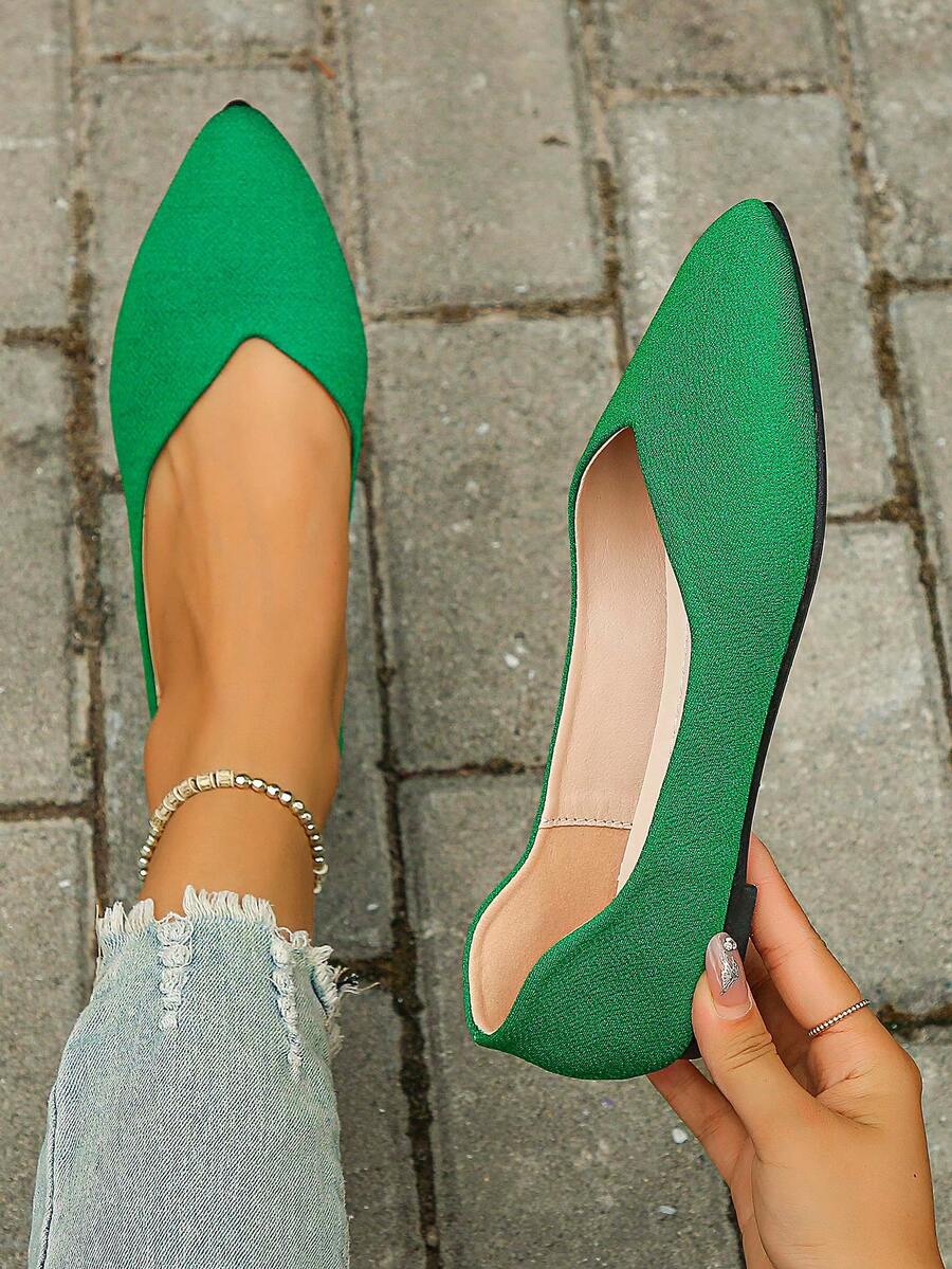 Women's Spring/Autumn New Pointed Toe Green Flat Shoes, Casual Wear, Work, Driving, Lightweight, Comfortable, Versatile, Soft Bottom, Random Pattern, Size 35-45 - Green - View 1