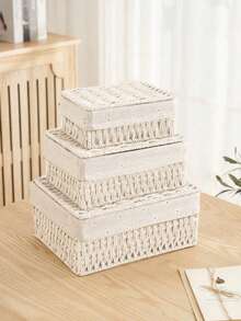 1 pieza/3 piezas Cesta de almacenamiento tejida, Cesta de almacenamiento con tapa para escritorio, Cesta de almacenamiento tejida hecha a mano, Caja de almacenamiento de aperitivos para escritorio, Caja de almacenamiento de juguetes para sala de estar, Cesta de almacenamiento de llaves y varios, Cesta de almacenamiento de cosméticos, Artículos de organización y almacenamiento para el hogar en cocina, baño, dormitorio, sala de estar, dormitorio, escritorio de oficina, accesorios de decoración del hogar - Blanco - Ver 3