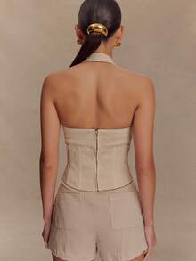 Conjuntos de dos piezas de mezclilla para mujer, color liso, sin mangas, cuello halter, camisetas sin mangas y pantalones cortos. - Blanco - Ver 2
